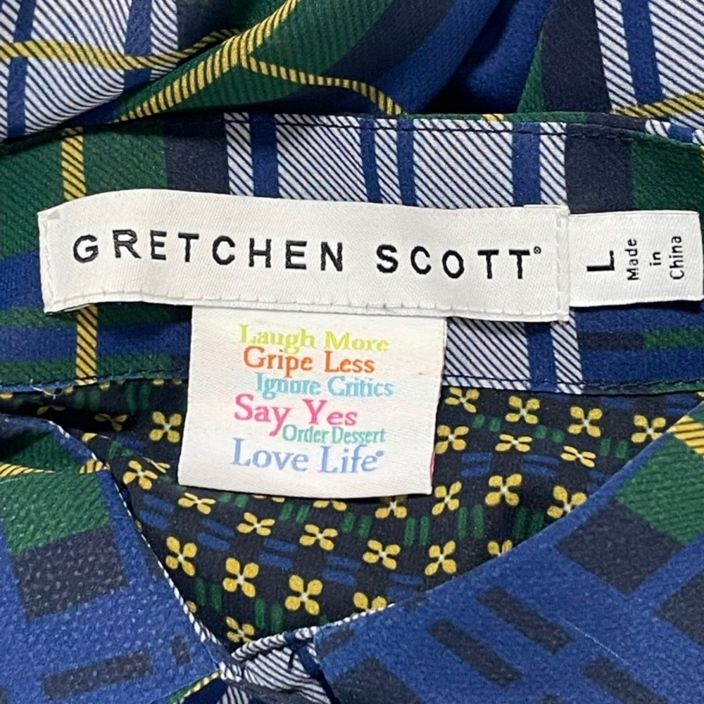 Gretchen Scott Shirt Dress L Blue Green Dark Academia Modest Plaid Belted Pocket - Picture 10 of 12